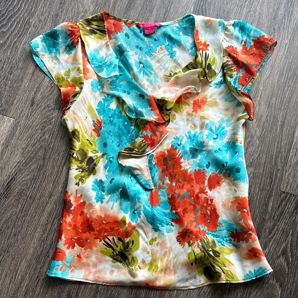 Y2K Sunny Leigh Vibrant Floral Ruffle V-Neck Blouse
